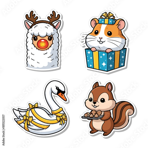 A collection of four cute cartoon animal stickers featuring a llama with reindeer antlers, a hamster in a gift box, a swan with a bow, and a squirrel holding nuts.