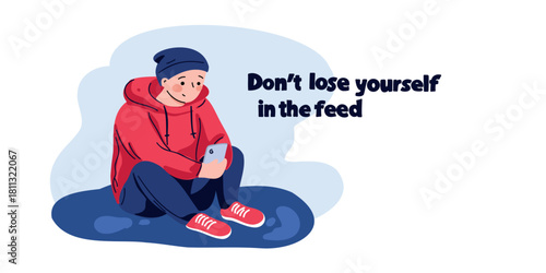 decorative typography banner don't lose yourself in the feed flat vector