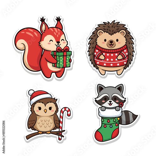 Cute cartoon animal stickers featuring a squirrel, hedgehog, owl, and raccoon with Christmas themes.
