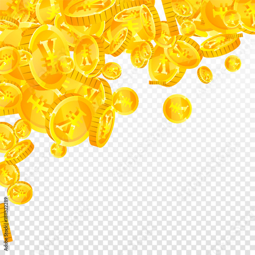 Chinese yuan coins falling. Scattered gold CNY