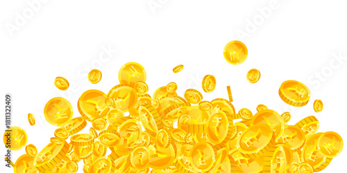 Indian rupee coins falling. Scattered gold INR