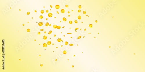 Russian ruble coins falling. Scattered gold RUB