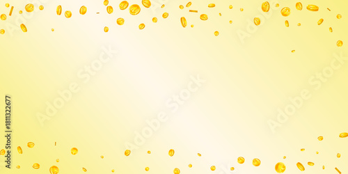 Chinese yuan coins falling. Scattered gold CNY
