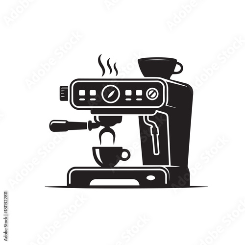 Black and white illustration of a coffee machine making espresso