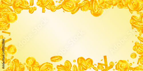 Bitcoin coins falling. Cryptocurrency scattered