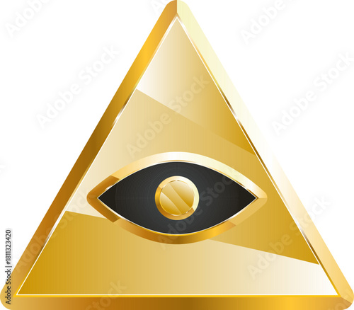 All seeing symbol pyramid eyes gold icon. Isolated on transparent background.