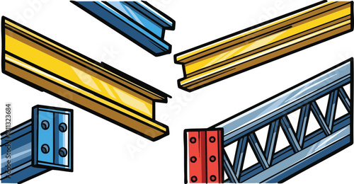 Collection Of Steel Beams And Metal Structures In Yellow Blue And Gray Tones Isolated On White