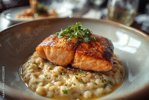 Gourmet salmon fillet served on a bed of creamy grains