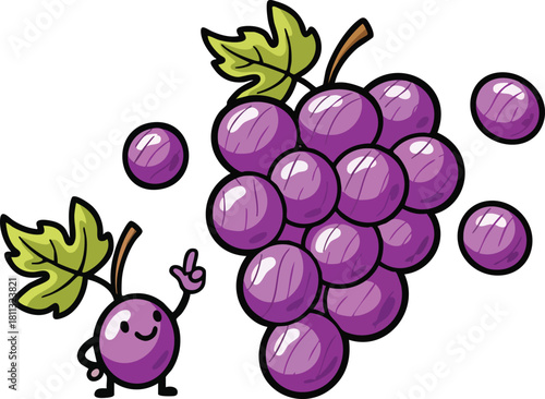 Cute Cartoon Grapes with a Small Grape Character Offering a Bunch of Purple Grapes with Green Leaves on a White Background