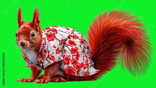Squirrel in Floral Costume Posing Against Vibrant Green Background with Red and White Flower Design