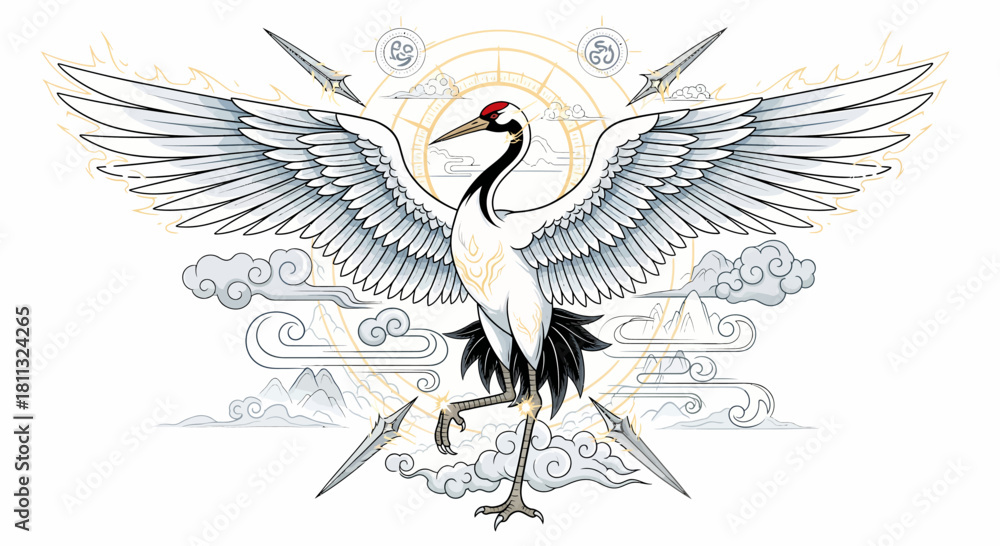 Obraz premium Majestic Crane with Sword Symbolism in Mythological Art