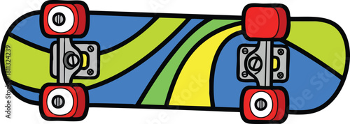 A Blue Yellow Green And Red Skateboard With Bold Colorful Stripes And Red Wheels