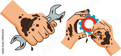 Dirty Hands Holding Tools and Gear