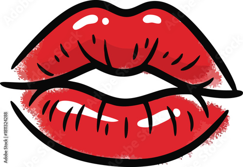 Red Lipstick Kiss Lips Vector Art Style Illustration With Black Outline Isolated On White Background