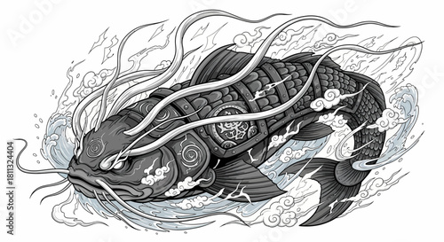 Mysterious Japanese Koi Fish Swimming Through Waves