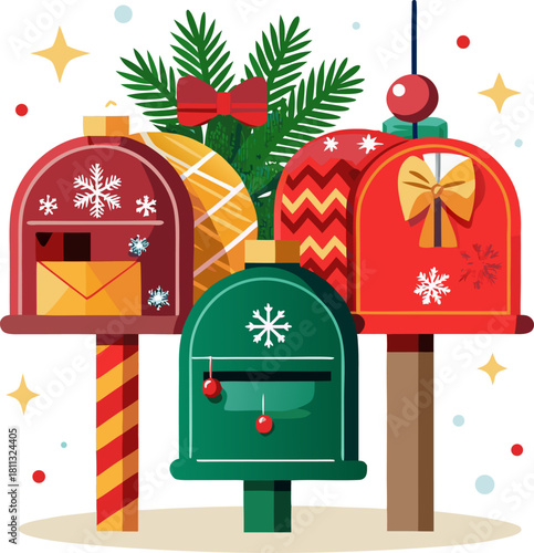 Christmas mailboxes decorated with traditional ornaments to delivery greeting card, wish list stock illustration ,white background