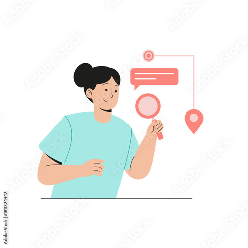 Woman Tracking E-Commerce Delivery Location with Magnifying Glass
