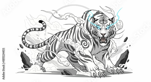 White tiger with storm clouds and energy design