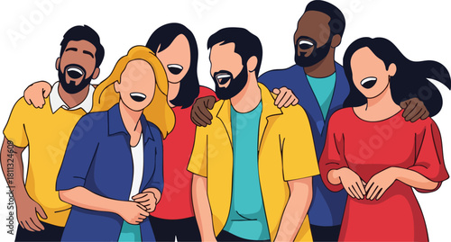 Diverse Group of People Laughing Together Joyfully with Colorful Outfits Against White Background