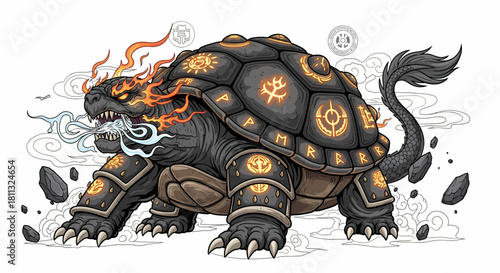 Mystical Turtle Deity with Runes and Elemental Powers