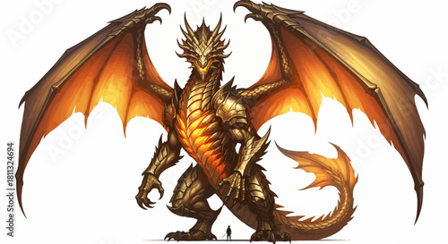 A majestic and powerful golden fantasy dragon with glowing wings, a legendary mythical creature