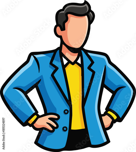 Man in Blue Suit and Yellow Shirt Posing Confidently with Hands on Hips