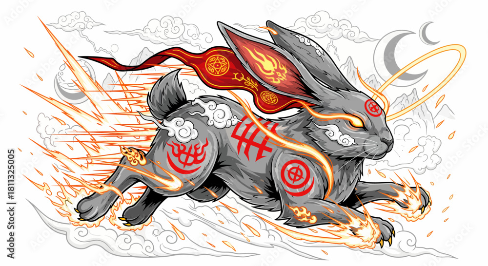 Fototapeta premium A mythical fire rabbit running with blazing speed under a crescent moon
