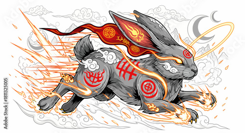 A mythical fire rabbit running with blazing speed under a crescent moon
