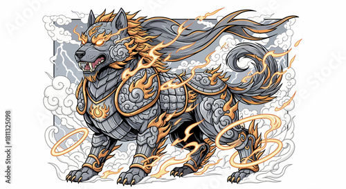 Illustrative Majestic Warrior Wolf with Fiery Mane and Armor