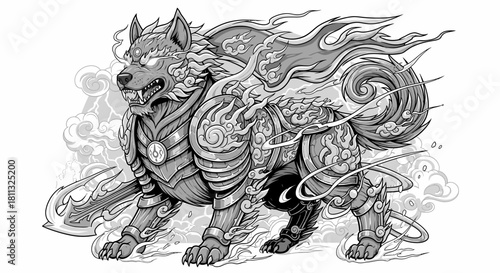 Fierce Warrior Canine with Fiery Mane and Armor