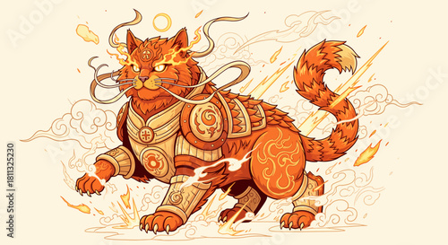 Mythical Fiery Guardian Cat A Majestic Creature Adorned with Golden Armor and Blazing Aura