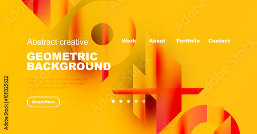 Bright yellow backdrop features red geometric shapes. Text promotes work, portfolio, contact options. Modern design elements present.