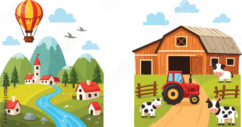 Pixel Art Rural Landscape With Hot Air Balloon Village And Farm With Cows Tractor