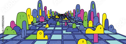 Abstract cartoon city skyline with colorful buildings and a checkerboard ground perspective