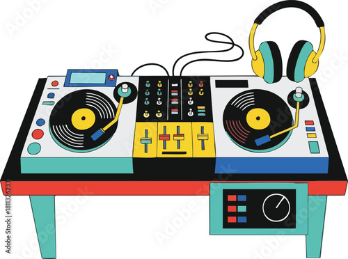 Turntable DJ Setup With Yellow Headphones And Colorful Controls On A Teal Table