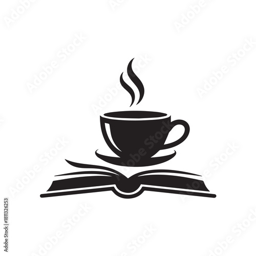 Black silhouette of a steaming coffee cup on an open book