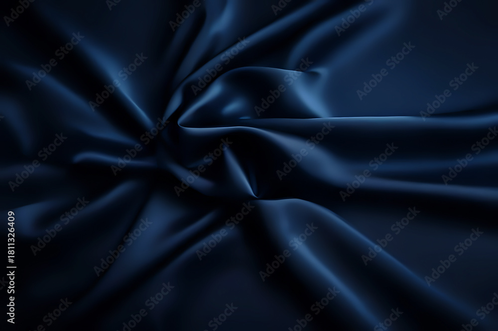 Fototapeta premium Dark soft cobalt blue, cerulean sapphire yale blue silk satin fabric material. Luxury elegant background. Wave line crumpled swirl. Abstract brilliant smooth rich royal velvet wallpaper. Fashion.