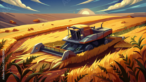 Very beautiful aerial-style description of a rural North Dakota grain field showing a damaged combine harvester resting on scorched ground, with surrounding golden crops untouched, creating a dramatic