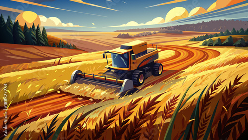 Very beautiful aerial-style description of a rural North Dakota grain field showing a damaged combine harvester resting on scorched ground, with surrounding golden crops untouched, creating a dramatic