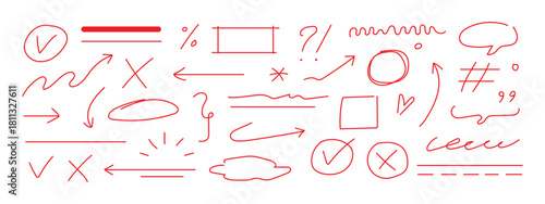 Set of red hand drawn arrows, icons, speech bubble. Social symbols. doodle sketch symbols on a white background. vector illustration graphic design elements