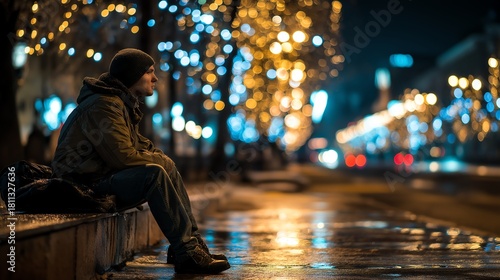 solitary man sitting on a bench during rainy night with city lights glowing