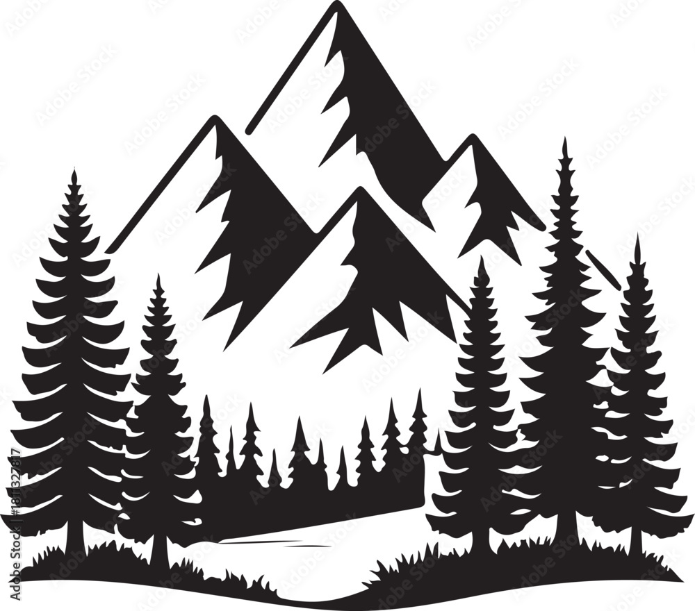 Obraz premium Crisp black silhouette of mountains and pine trees in clean geometric vector style, high-contrast landscape illustration isolated on a white background