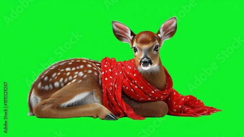 Adorable young deer resting on a colorful background wearing a vibrant red scarf, showcasing playful charm and winter joy in nature.