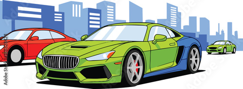 Green and Red Sports Cars Drive Through a Pixelated Cityscape Under a Blue Sky