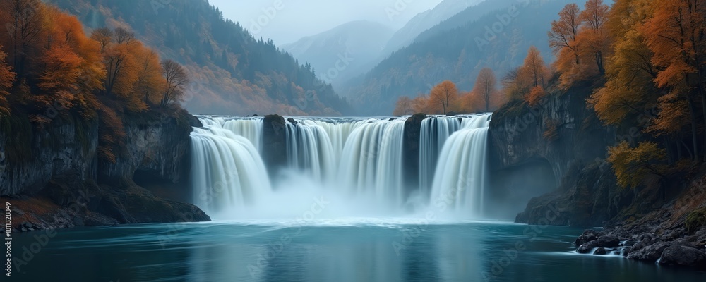 Fototapeta premium Misty autumn forest frames a large wide waterfall cascading into a blue river. Rocky cliffs and orange trees surround the powerful water flow. Mountains fade into haze in background.