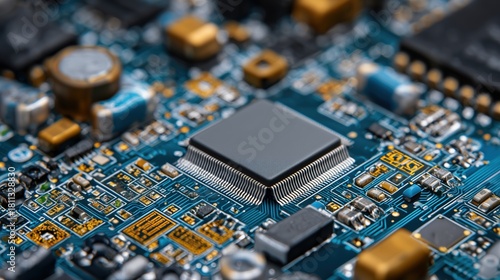 Close-up View of Electronic Circuit Board with Microchip and Various Components