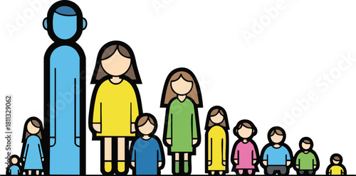 Diverse Family Group in Graduated Sizes Standing Together Against White Background Representing Generations