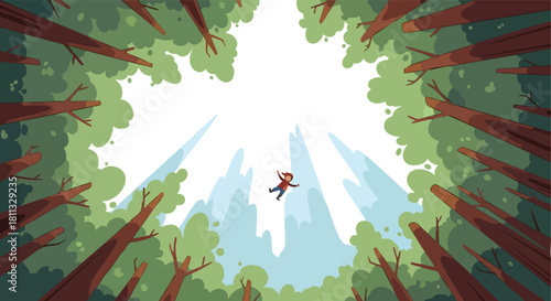 Pixel art perspective looking up at person falling through a dense green forest with misty blue mountains in background