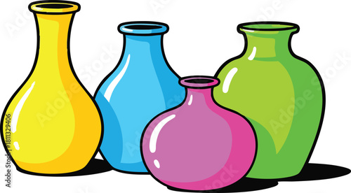 Four Colorful Ceramic Vases In Yellow Blue Pink And Green On White Background With Shadow