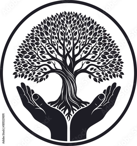 Tree of life hands illustration black and white oval frame
